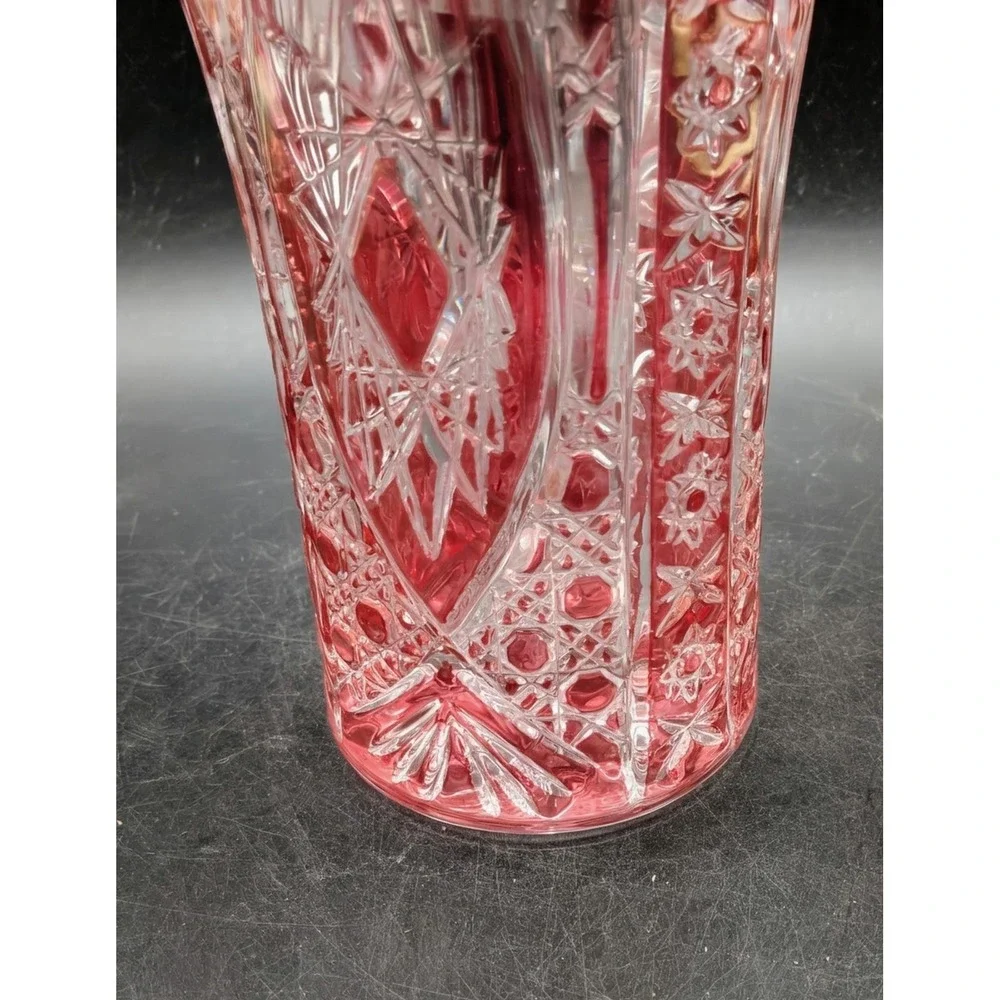 Vintage Crystal De Arques Ruby Red Cut Clear Glass Vase Sawtooth Starburst 6.75